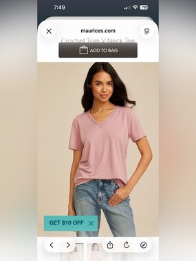 Maurices Rose Pink V-Neck Tee with Crochet Trim ptp 23 length 28.5
